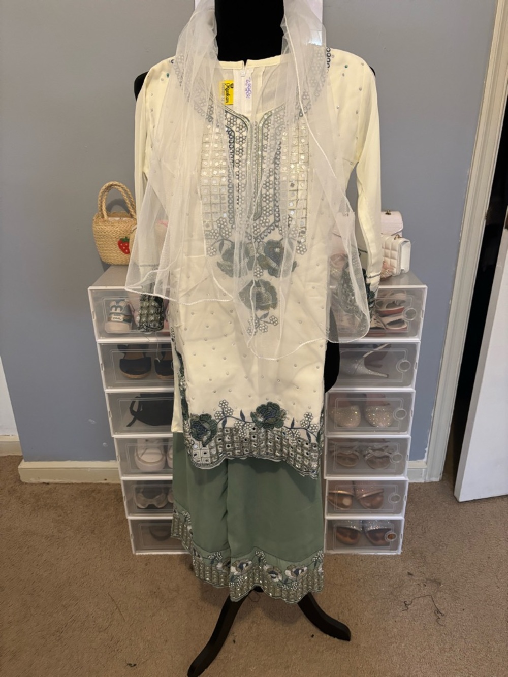 Embellished Cream and Sage Floral kids Salwar Kameez